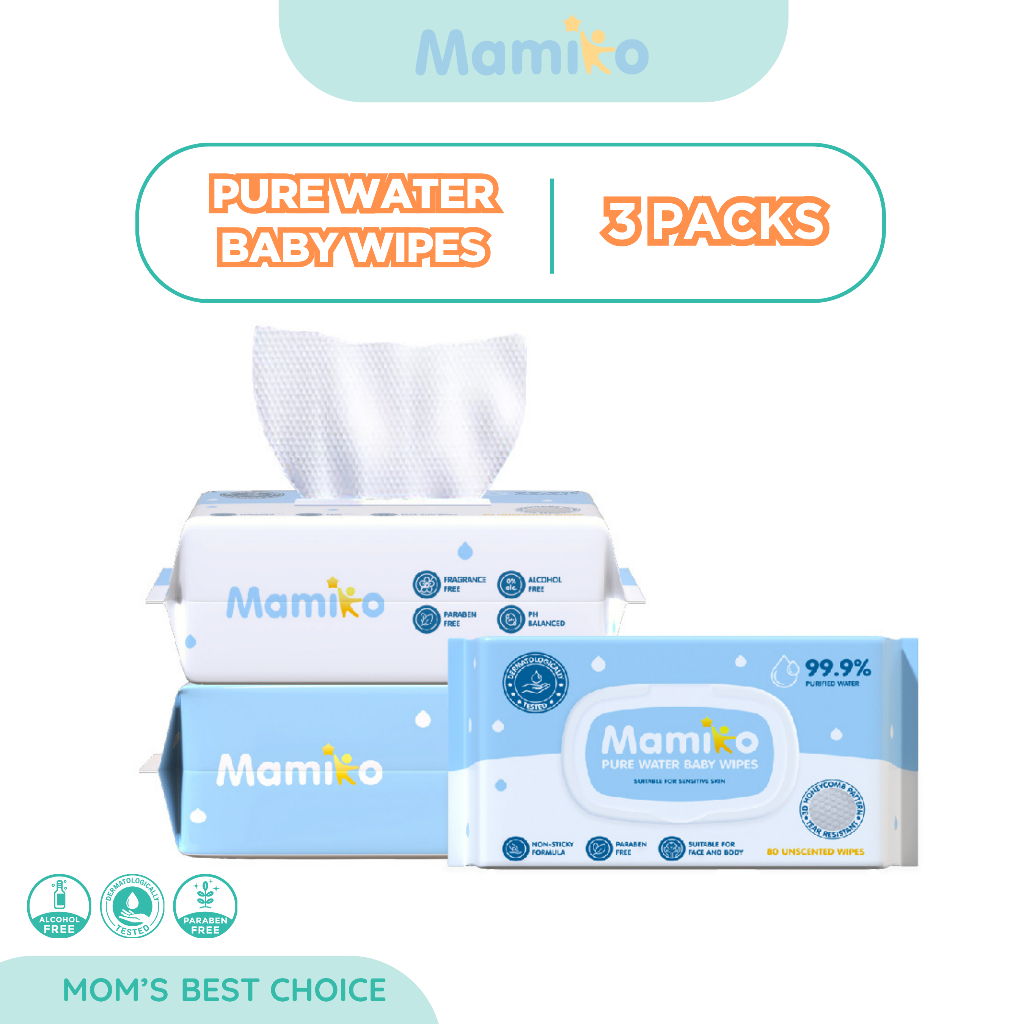 Tisu Basah Bayi Mamiko Pure Water Baby Wipes 80 Lembar Paket Hemat 3 Pack Foto 6