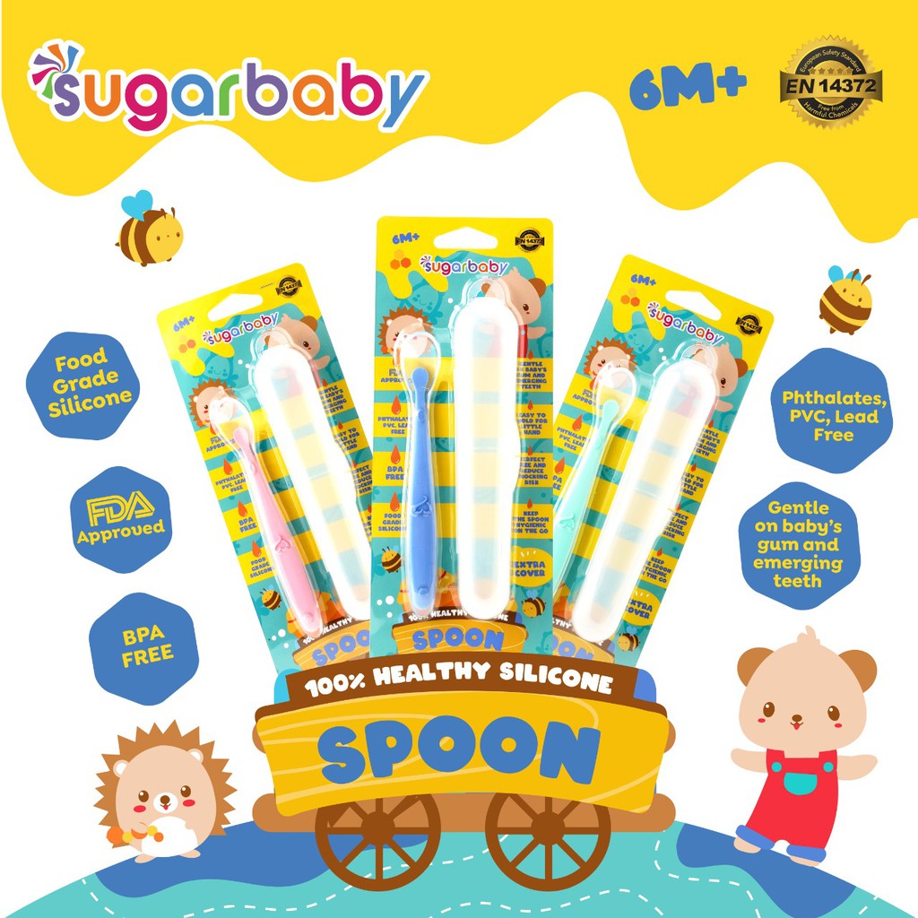 Sendok Bayi Silicone Food Grade SUGAR BABY Healthy dengan Tutup 2pcs Blue Foto 3