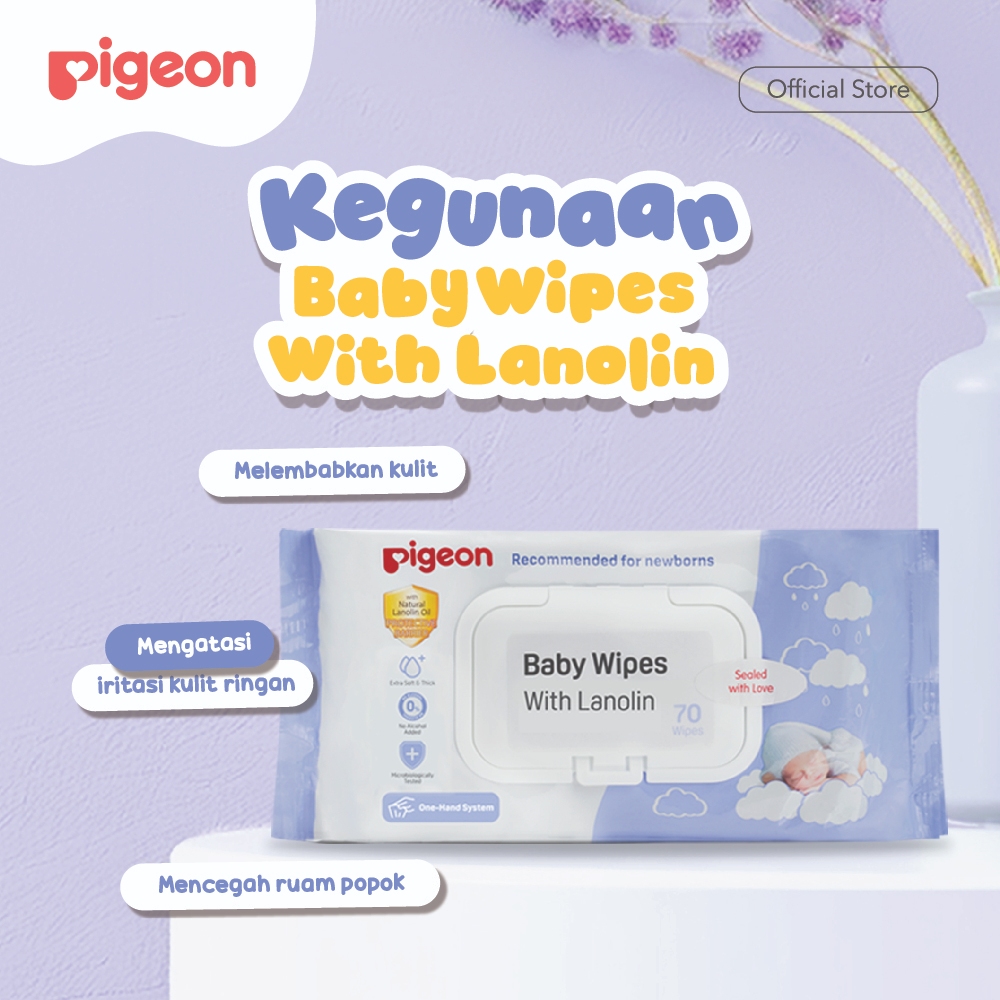 Tisu Basah Bayi Pigeon With Lanolin 70 Lembar untuk Kulit Sensitif Anti Ruam Popok