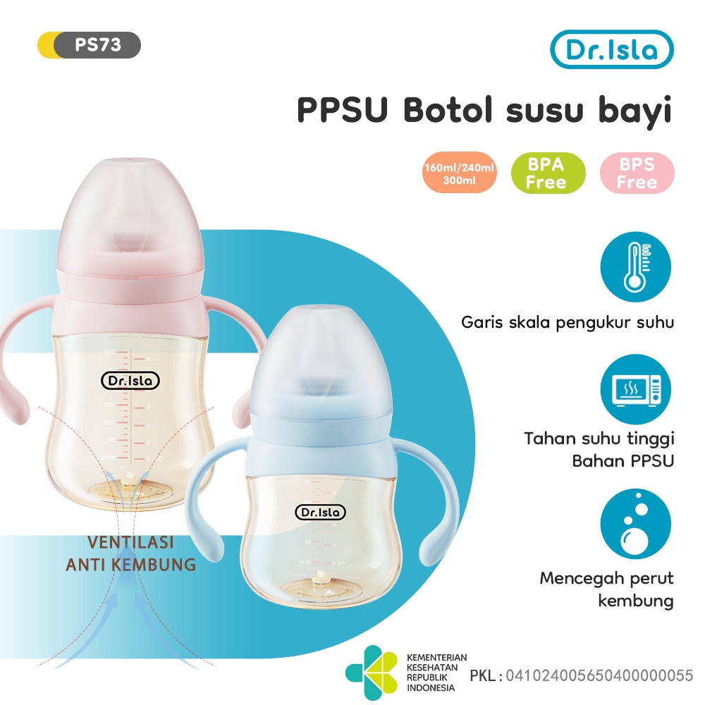 Botol Susu Bayi Dr.isla PS73 PPSU Anti Kolik Wide Neck dengan Gagang