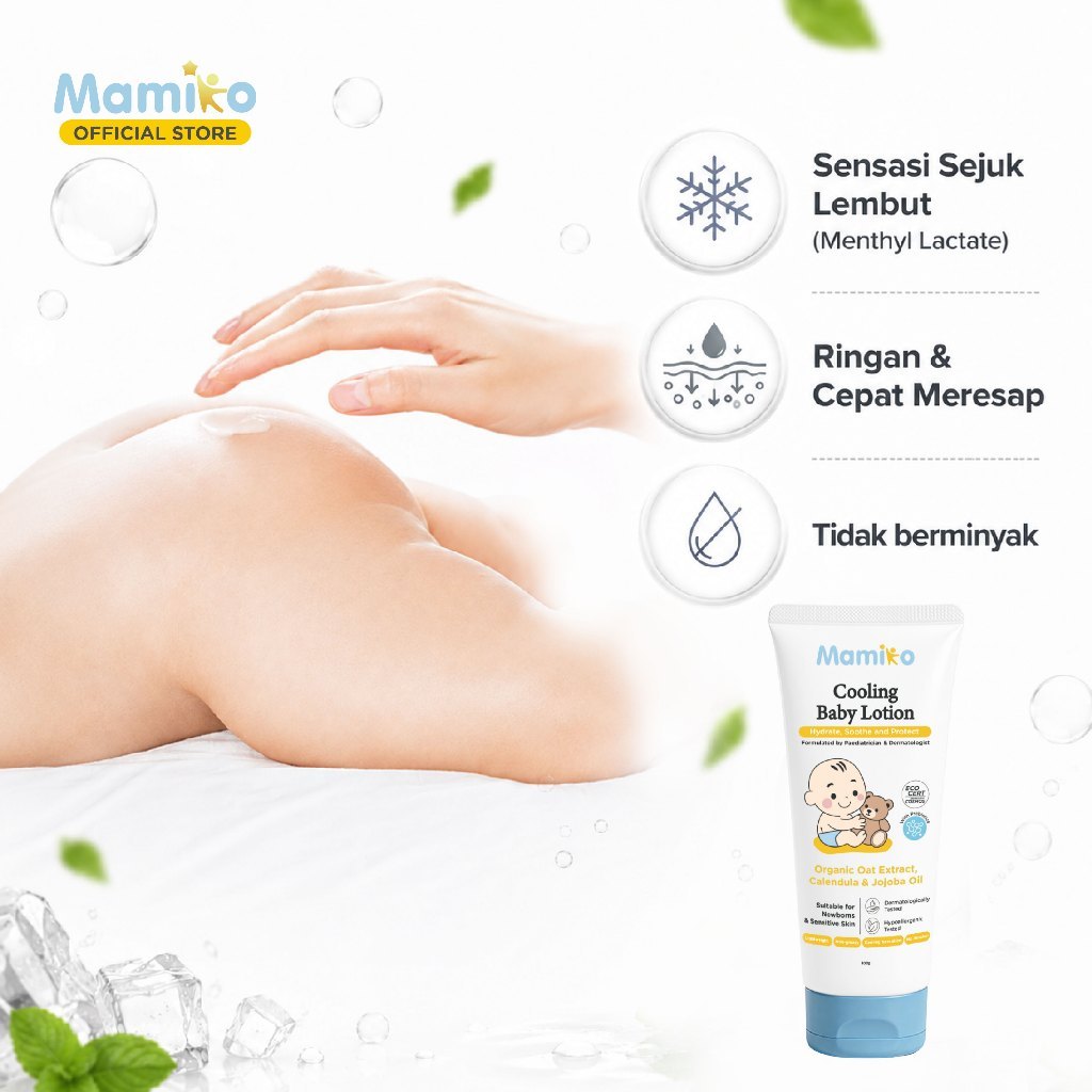 Mamiko Cooling Baby Lotion 100g Hipoalergenik Formula Dokter Tanpa Aroma untuk Kulit Sensitif Newborn Foto 4