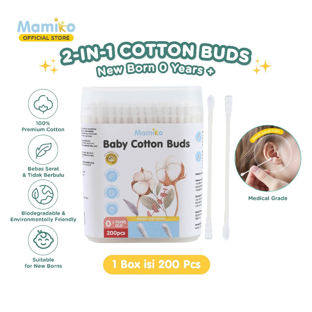 Mamiko Cotton Buds Bayi 2in1 Spiral Cekung Pembersih Telinga Hidung 200 pcs Foto 8