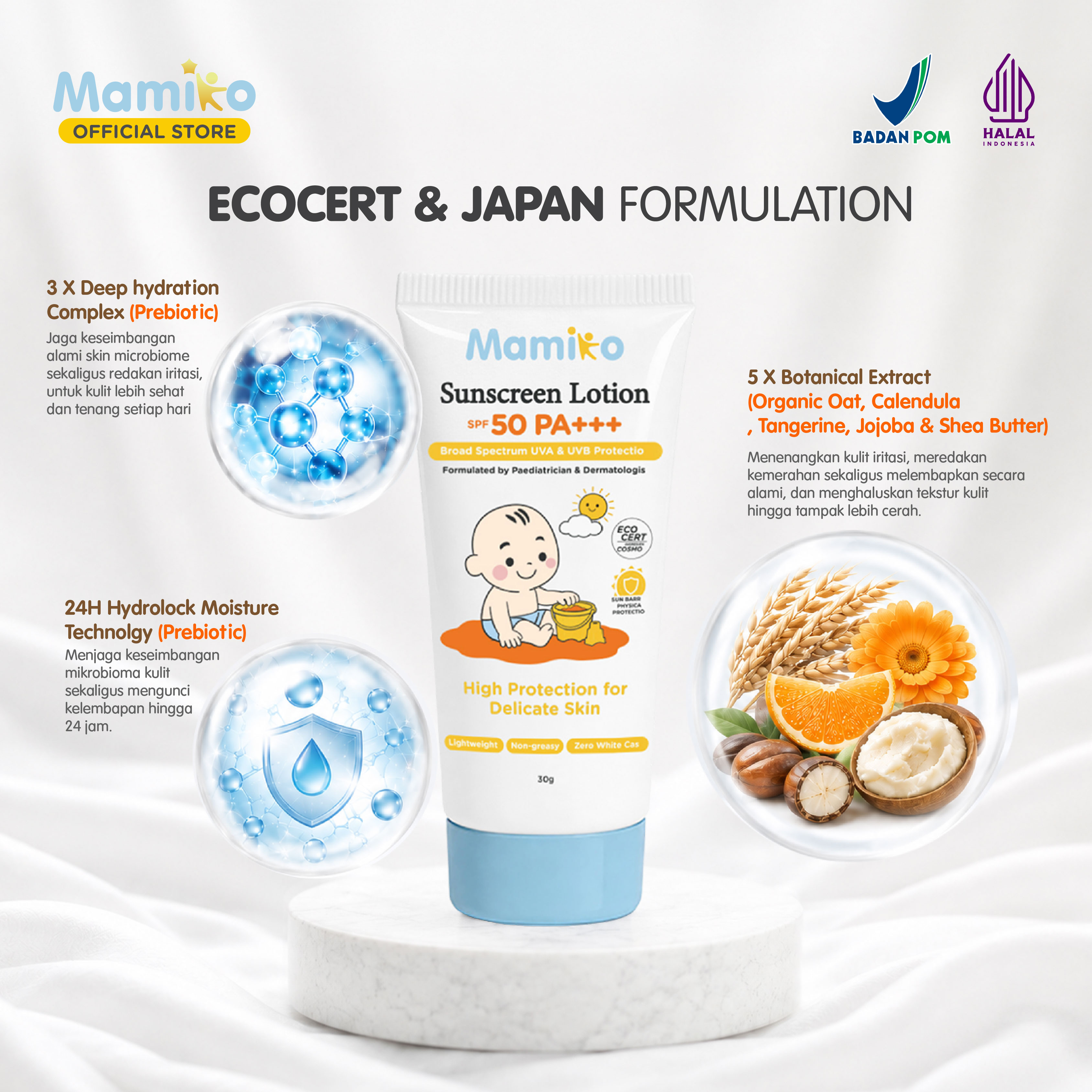 Mamiko Sunscreen Lotion SPF50 PA+++ 30g Broad Spectrum untuk Bayi Baru Lahir & Kulit Foto 8