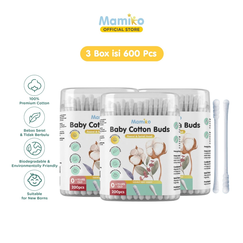 Mamiko Cotton Buds 2in1 Spiral Oval Pembersih Telinga Bayi Anak 200pcs Foto 7
