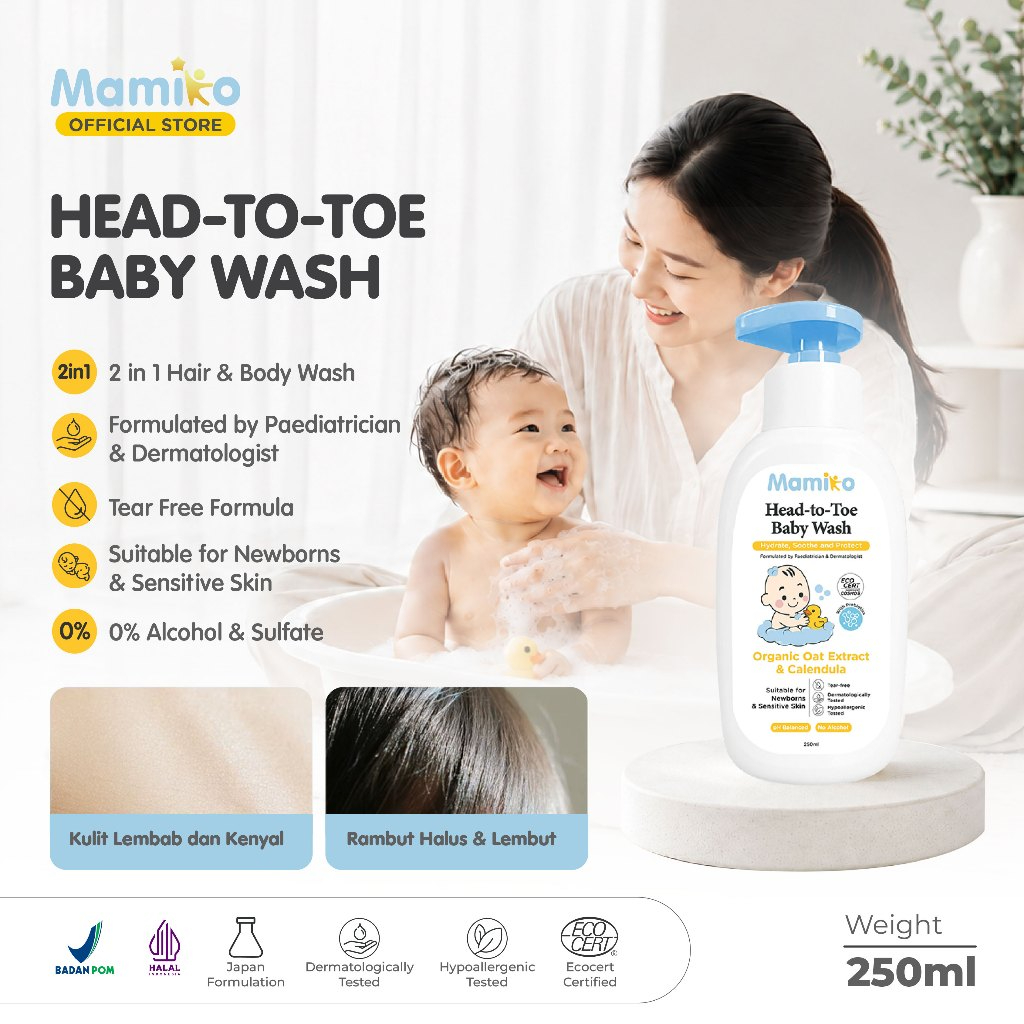Mamiko Head-to-Toe Baby Wash 250ml Sabun & Sampo 2in1 Sensitive Skin Newborn