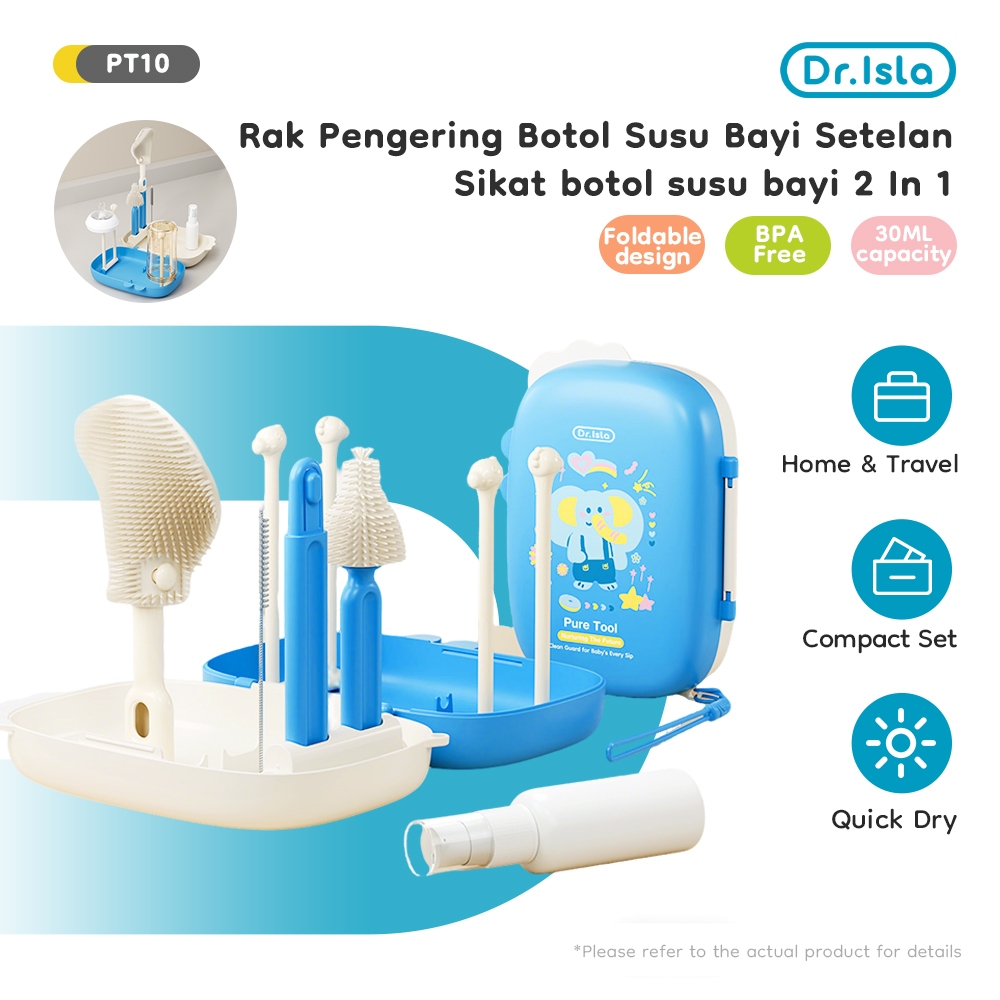 Dr.Isla PT10 Sikat & Rak Pengering Botol Susu Bayi Portable 2-in-1 BPA Free