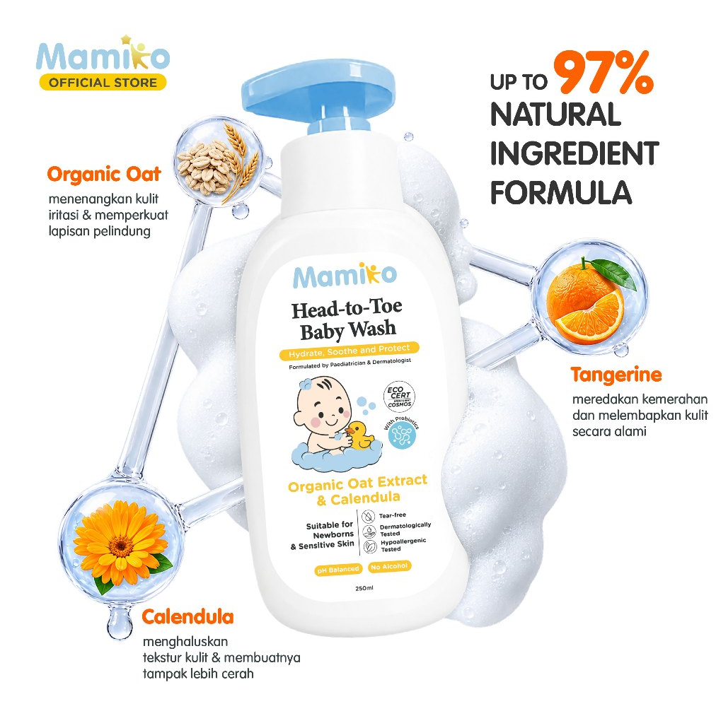 Mamiko Head-to-Toe Baby Wash 250ml Sabun & Sampo 2in1 Sensitive Skin Newborn Foto 3