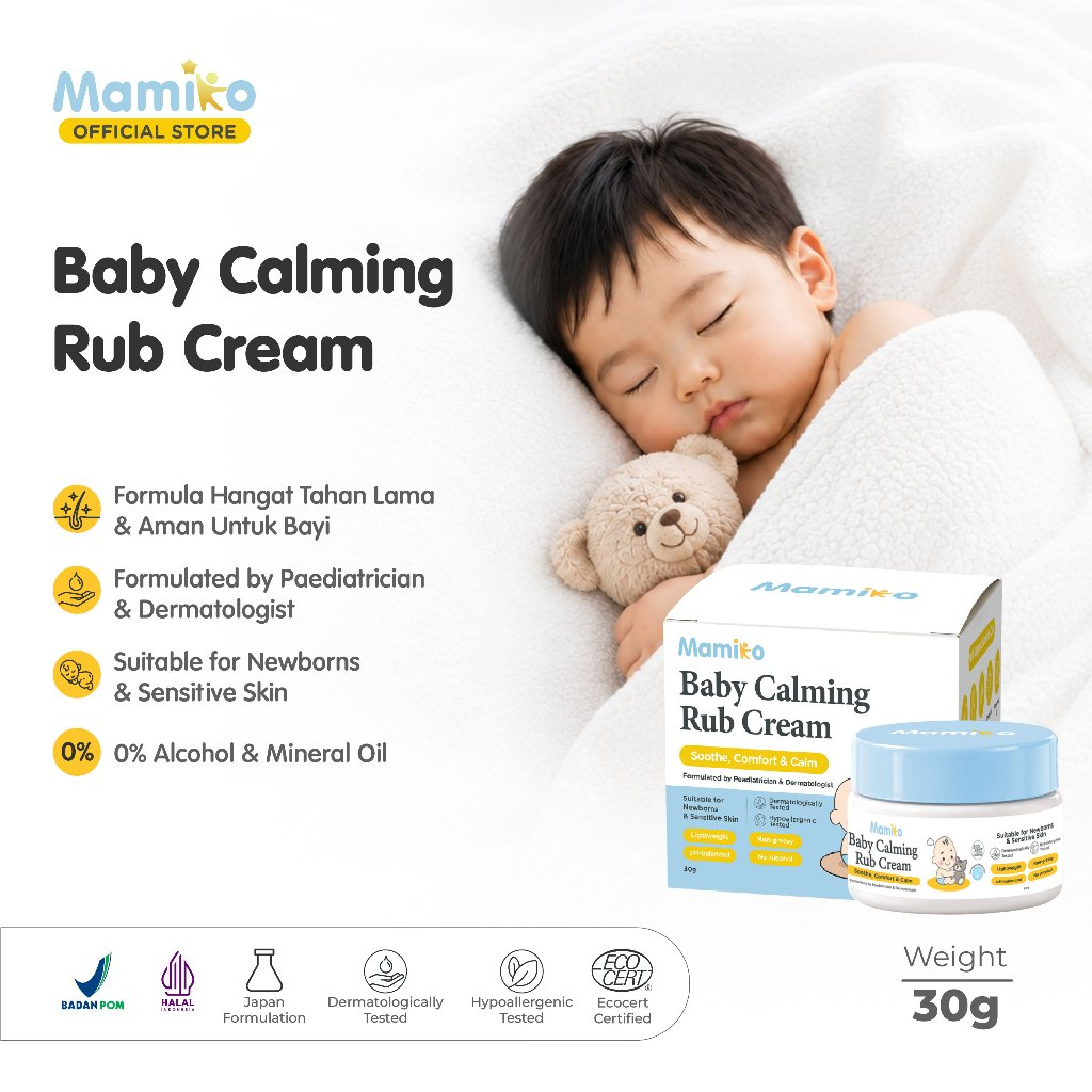 Mamiko Baby Calming Rub Cream 30g Krim Penghangat Aman untuk Bayi Baru Lahir